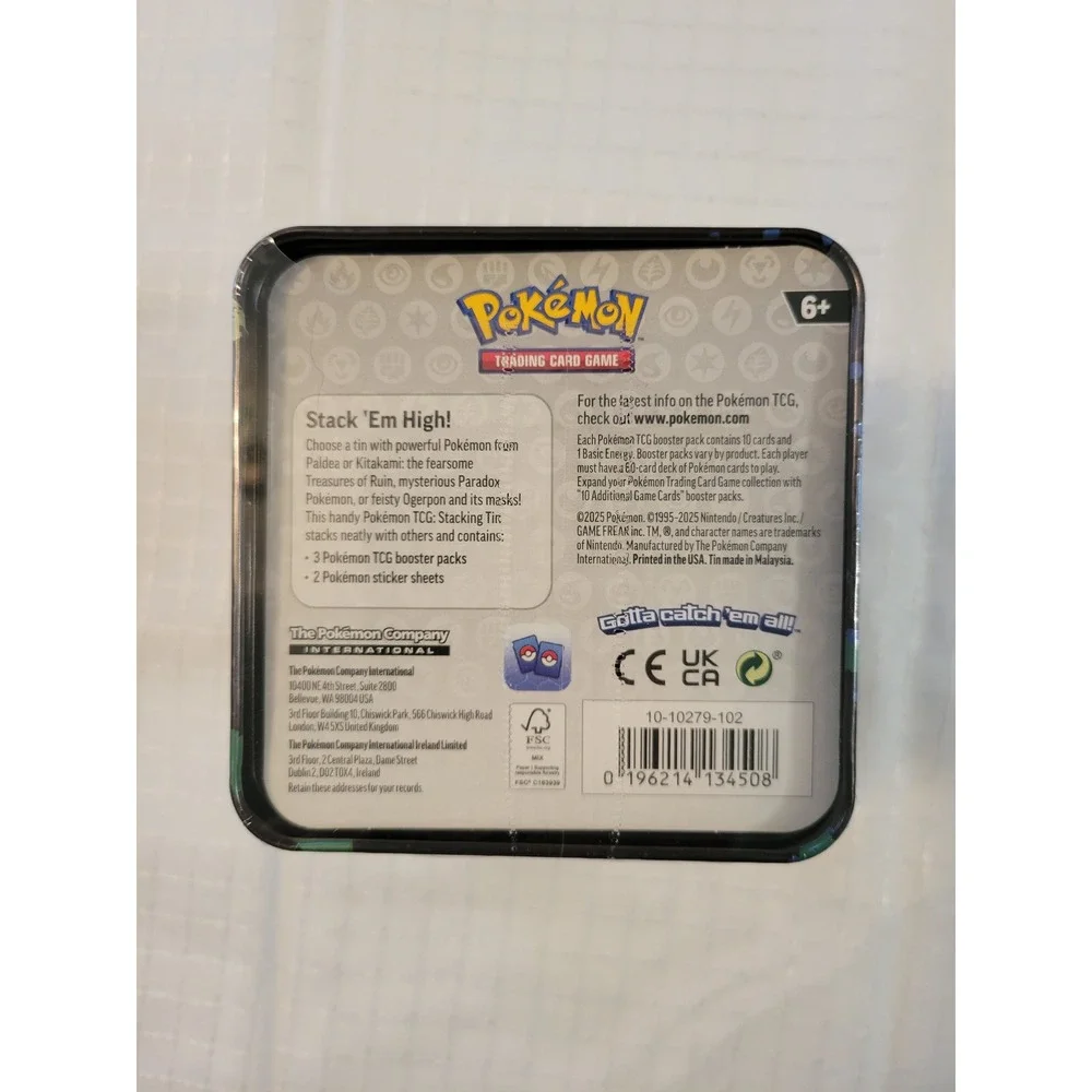 Pokemon TCG Ogerpon Stacking Tin Factory Sealed 3 Booster Packs 2 Sticker Sheets